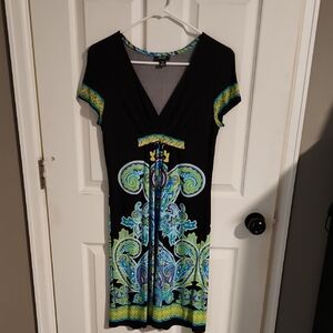 Snap Black Midi Dress with Blue & Green Paisley Print